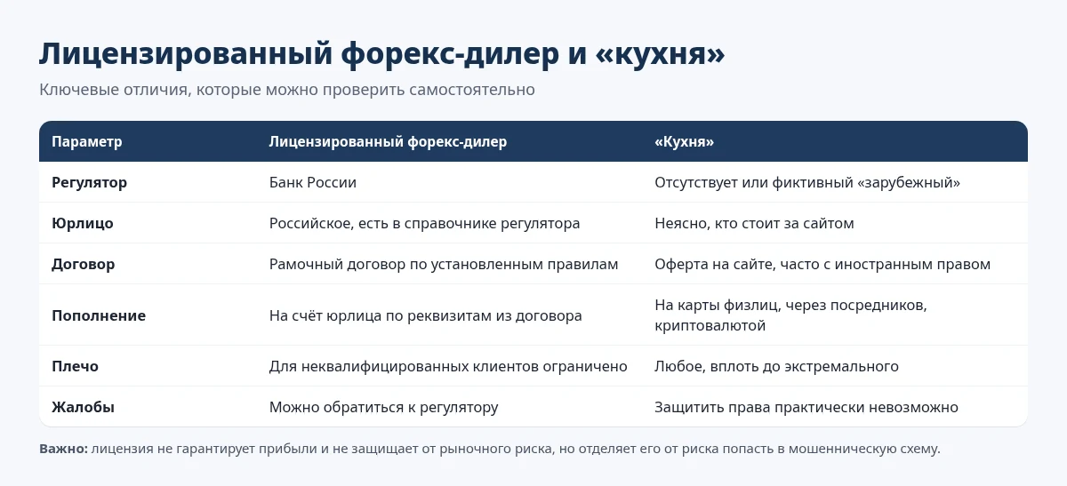 Отличия лицензированного форекс-дилера от «кухни»: регулятор, юрлицо, договор, пополнение, плечо, жалобы
