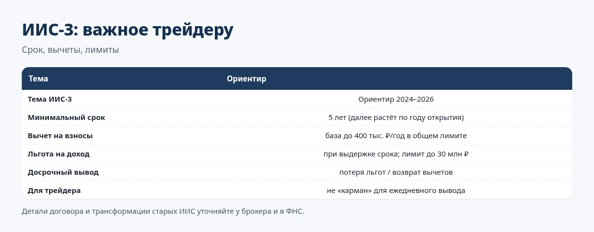 ИИС-3 для трейдера: вычет на взносы, льгота на доход, минимальный срок и риск досрочного вывода